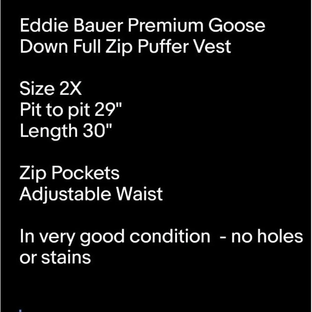 Eddie Bauer Premium Goose Down Full Zip Puffer Vest Unisex Sz 2X